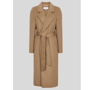 REISS Brooks Wool Blend Longline Overcoat Camel Belted Trench Coat Size 10